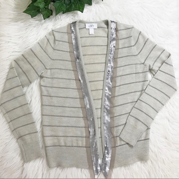 Ann Taylor Loft Gray Sequin Metallic stripe Cardi - Picture 2 of 8